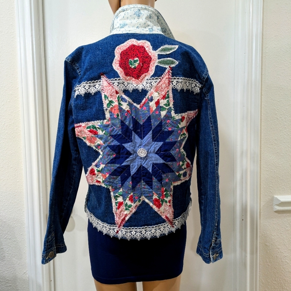 Upcycled Blue Jean Jacket with Lace/Classic  8 Point Star Design Appliques Sz. S